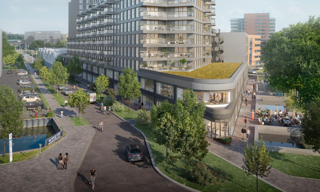 Moderne appartementencomplex aan de H.J.E. Wenckebachweg met groene daken, winkelruimte op de begane grond en een levendig terras aan het water.
